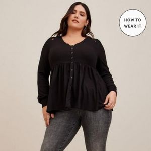 Torrid Babydoll Knit V-Neck Button-Front Lace Inset Peasant Sleeve Top/ 00(M/10)